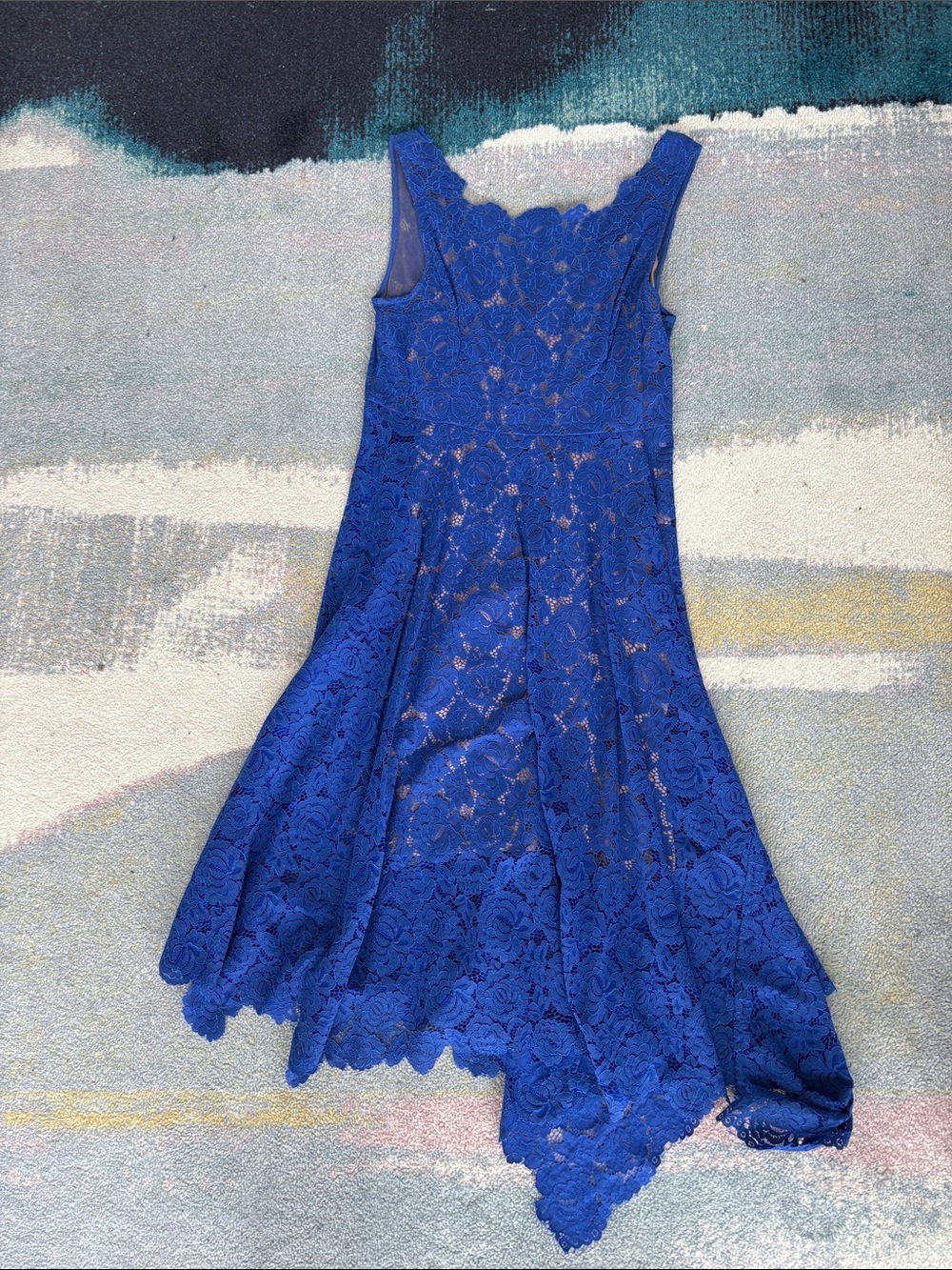 Tracy Reese for Anthropologie Blue Lace Midi Dress Asymmetrical Hem Size 14